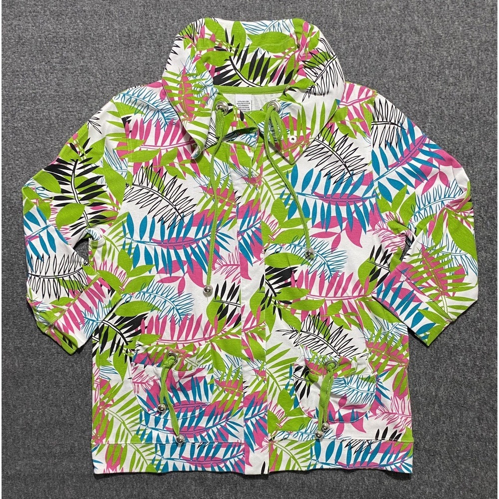 Good Fortune Womens Medium Leaf Print 3/4 Sleeve Snap Up Jacket Top Multicolor